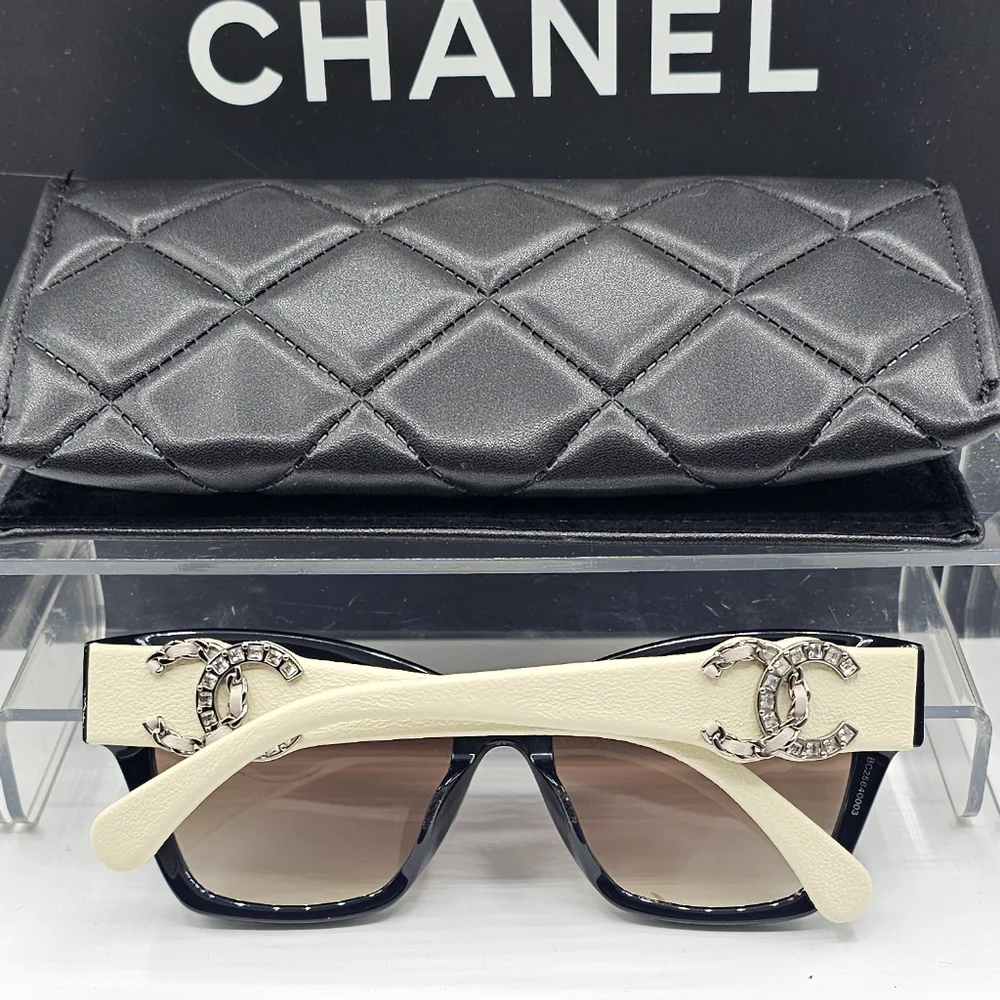 CHANEL CREAM AND BLACK SUNGLASSES CRYSTAL 5456QA C501S5 - Picture 10 of 12